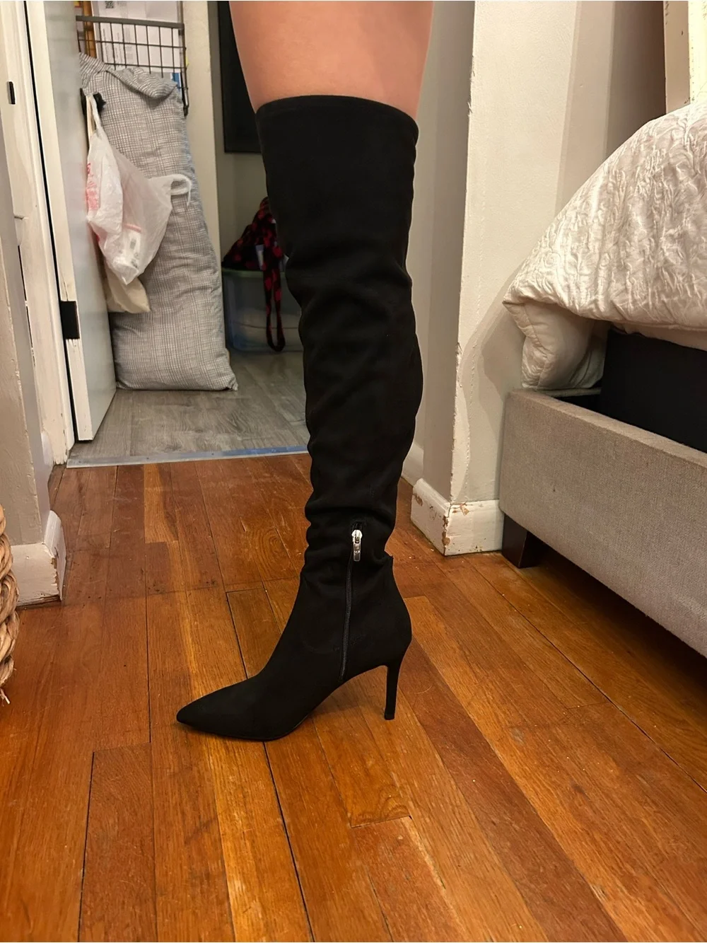 Black Suede Over-the-Knee Pointed-Toe Stiletto Boots